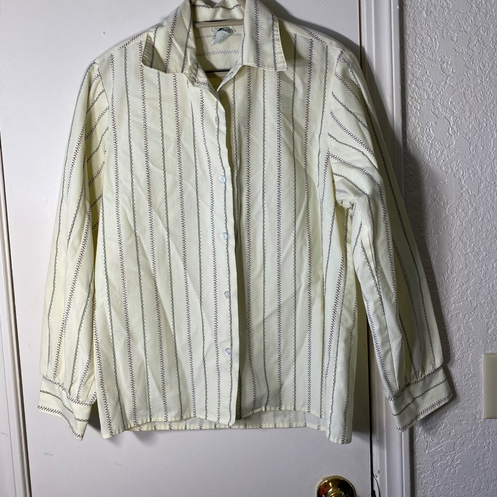 Vintage Girl Scouts USA Long Sleeve Button Down‎ Shirt Cream Striped Size 10